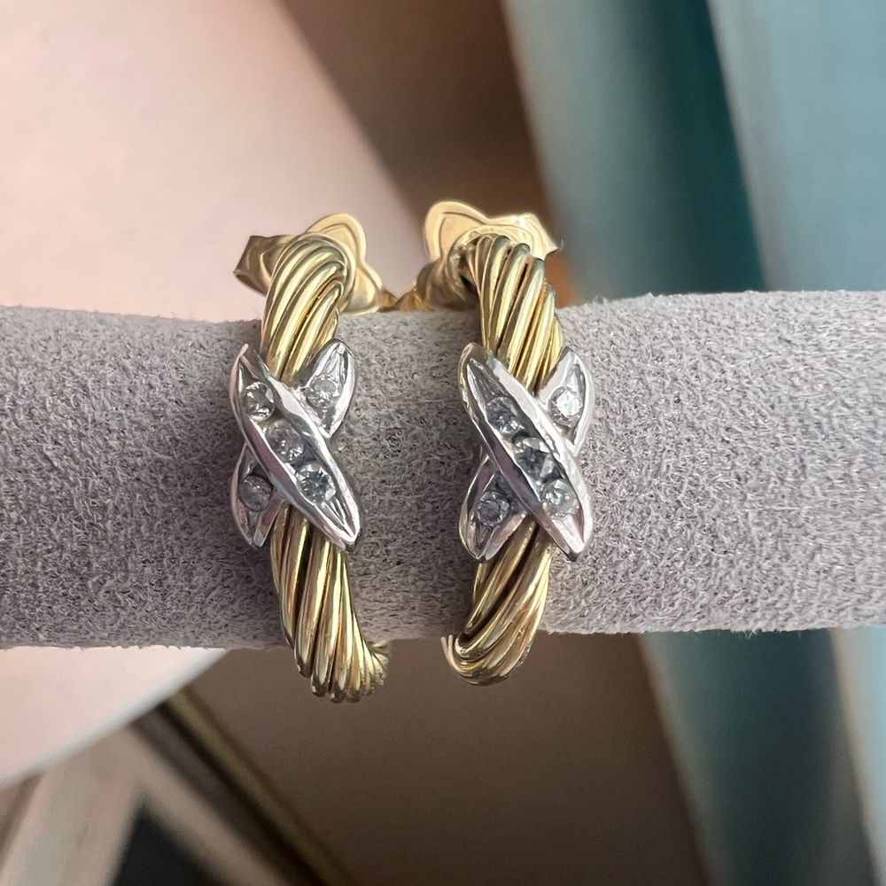 David Yurman Diamond 14K Two-Tone Gold Cable X Earrings